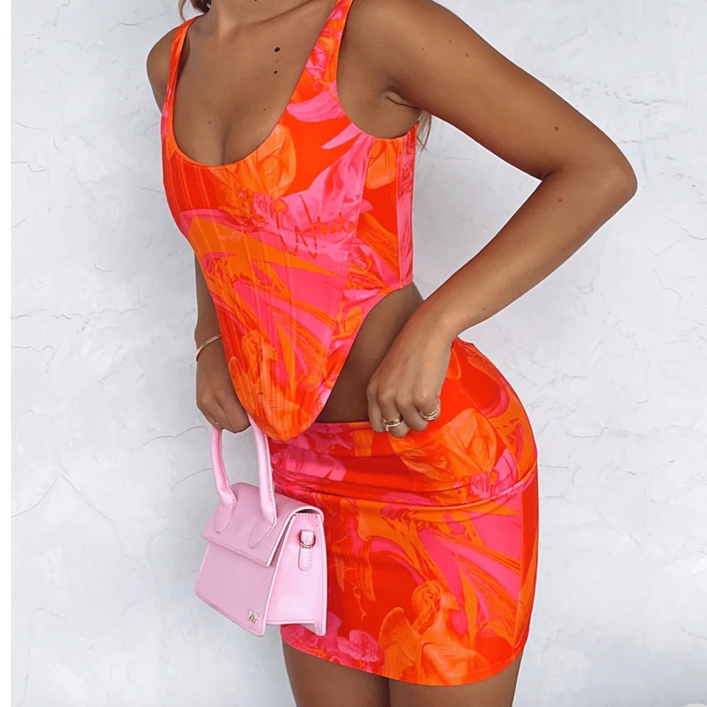 White Fox Boutique Orange and Pink Skirt Set